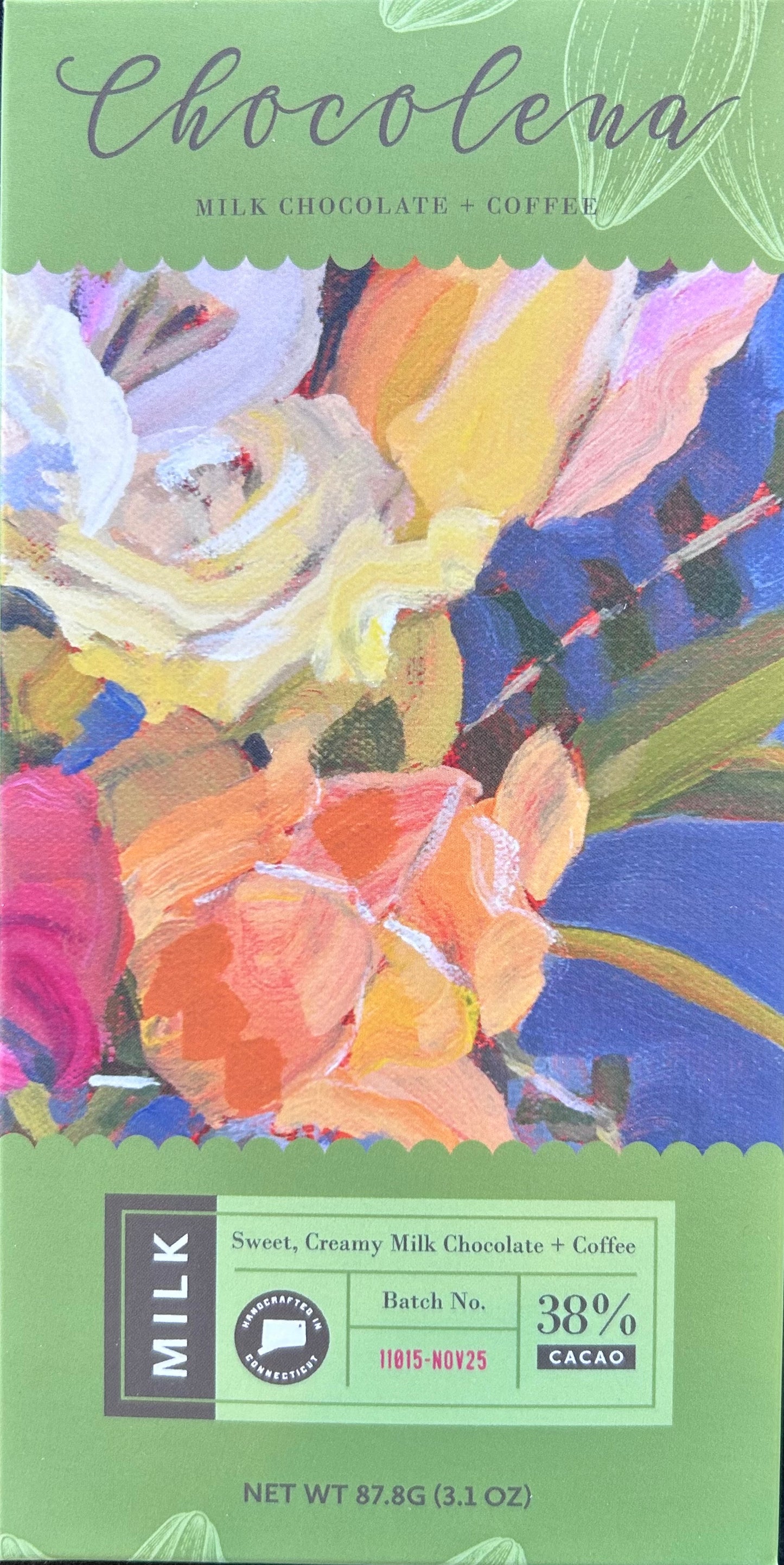 Chocolate bar packaging with floral design and Chocolena branding