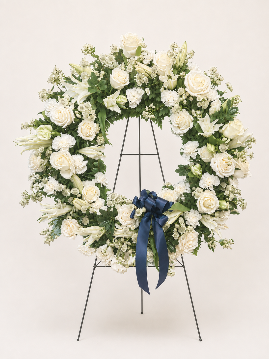 Sincere Sympathy Funeral Wreath with white roses, lilies and delicate white blooms, lush greenery and a navy blue ribbon displayed on an easel.