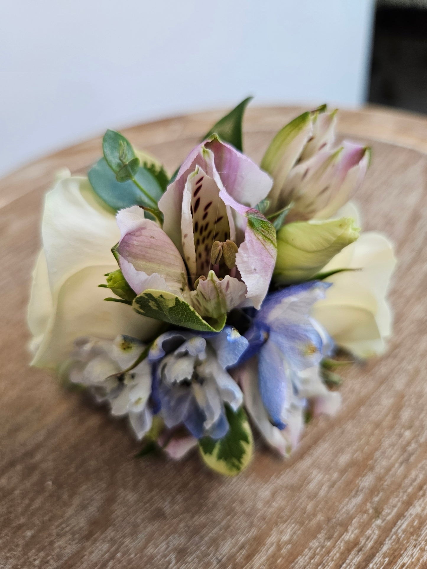 Wrist Corsage White, Lavender and Blue