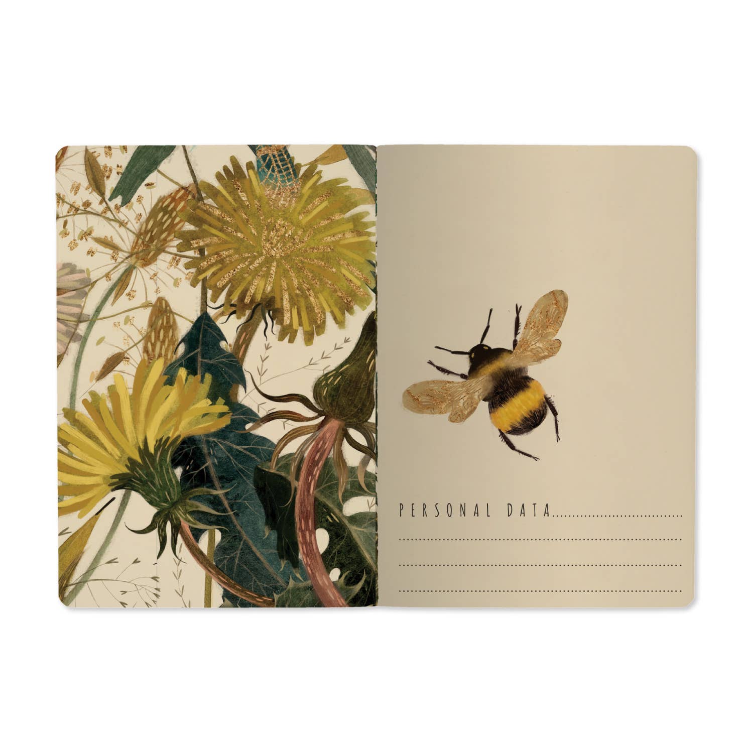 Card with floral design on one side and bee illustration on the other, featuring 'Personal Data' text.