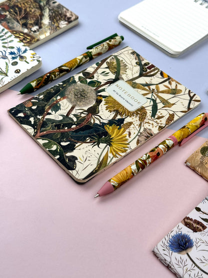 Notebooks with floral designs and matching pens on a light pink surface