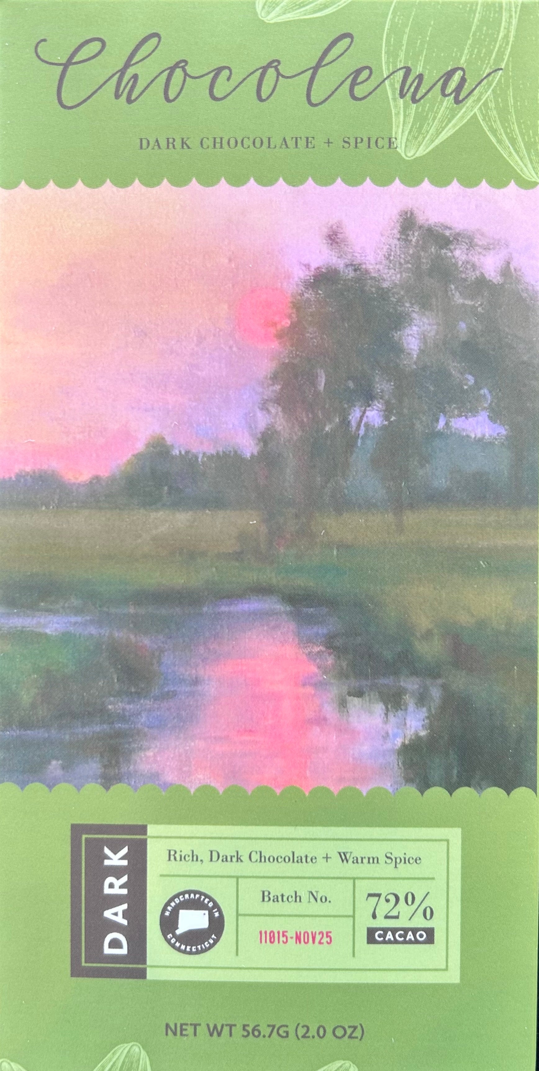 Chocolate packaging with a scenic illustration of a river and trees, featuring the brand 'Chocolena'.