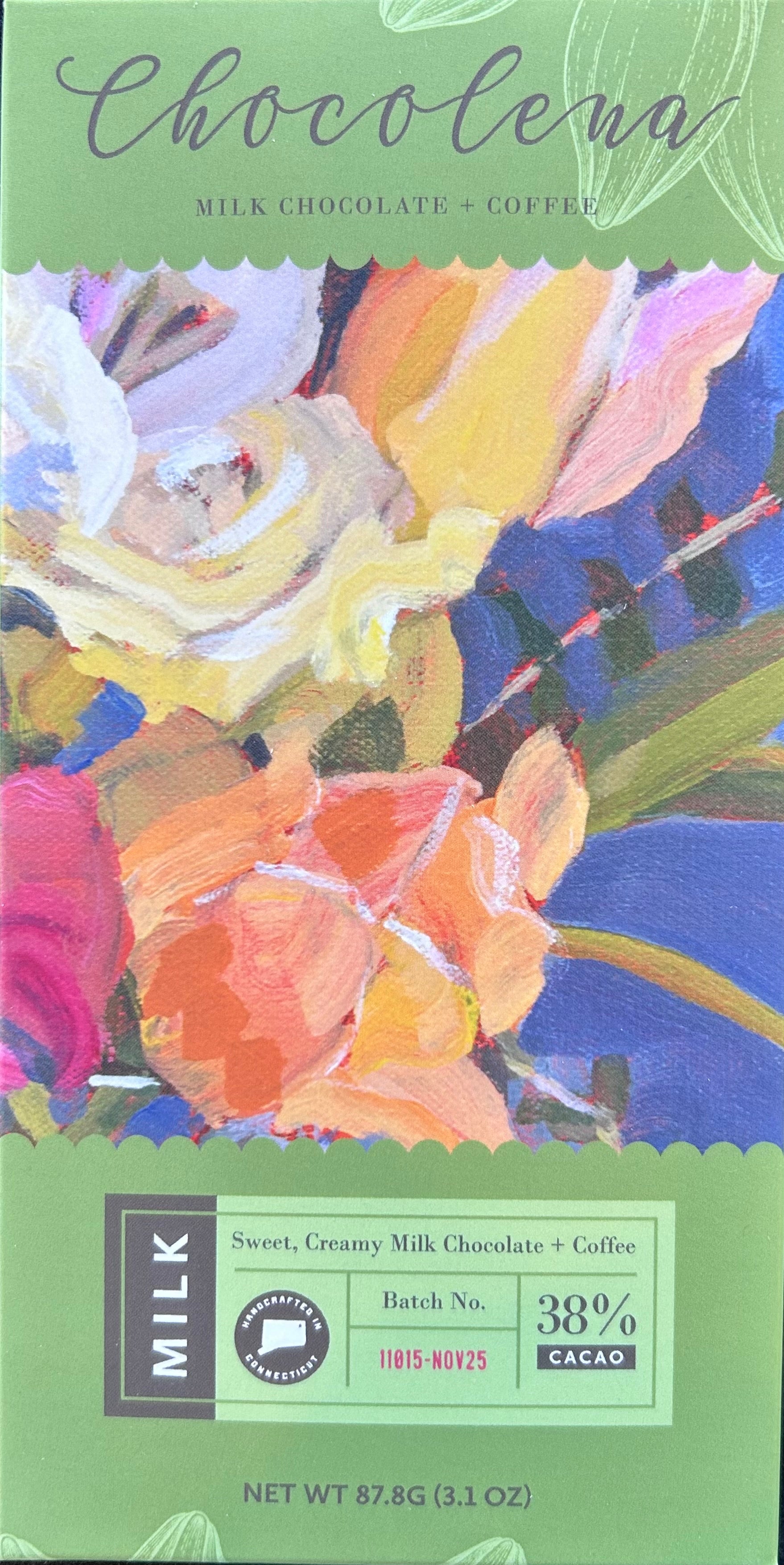 Chocolate bar packaging with floral design and Chocolena branding