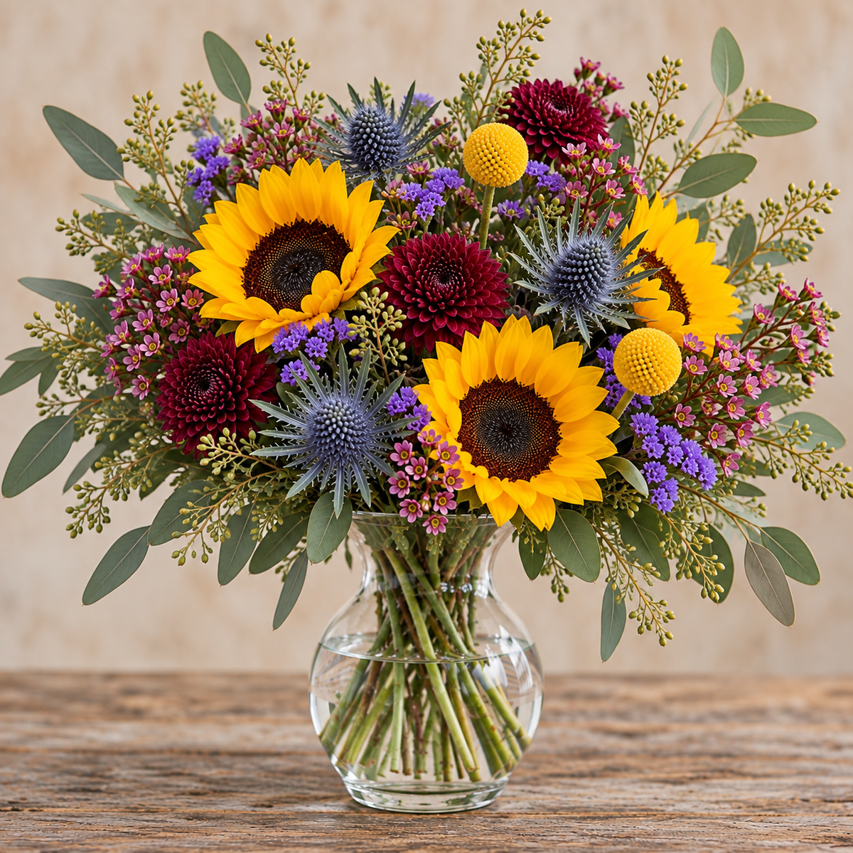 Gathered for Fall autumn flower arrangement with yellow sunflowers, burgundy cushion poms, blue thistle, purple statice, yellow craspedia, waxflower and eucalyptus in a clear glass vase.