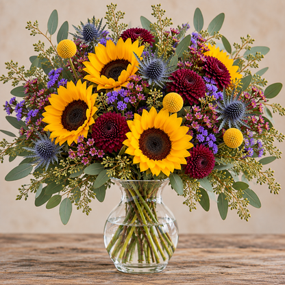 Gathered for Fall autumn flower arrangement with yellow sunflowers, burgundy cushion poms, blue thistle, purple statice, yellow craspedia, waxflower and eucalyptus in a clear glass vase.