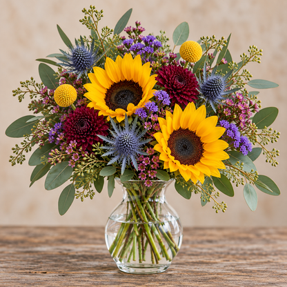 Gathered for Fall autumn flower arrangement with yellow sunflowers, burgundy cushion poms, blue thistle, purple statice, yellow craspedia, waxflower and eucalyptus in a clear glass vase.