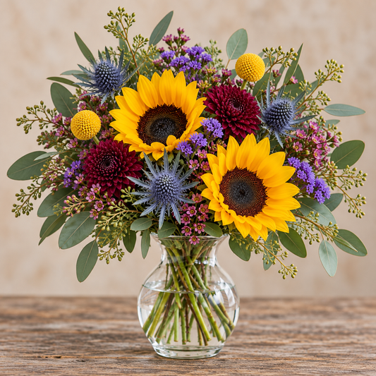 Gathered for Fall autumn flower arrangement with yellow sunflowers, burgundy cushion poms, blue thistle, purple statice, yellow craspedia, waxflower and eucalyptus in a clear glass vase.