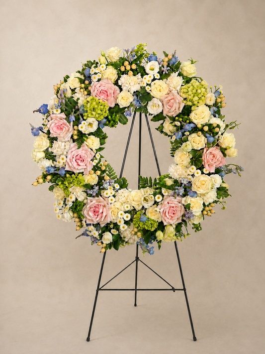 Graceful Remembrance pastel funeral wreath with soft pink roses, ivory blooms, blue accents, green hydrangea and lush greenery displayed on an easel.