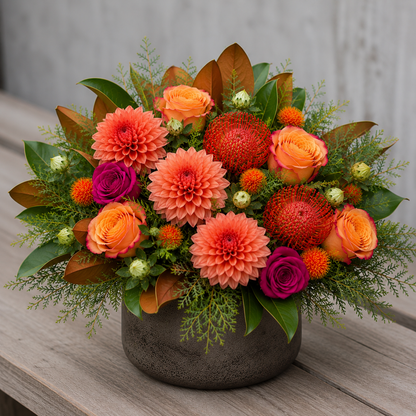 Harvest Cottage fall floral arrangement featuring peach roses, coral dahlias, rich seasonal blooms, magnolia leaves, and textured greenery in a rustic brown ceramic container.