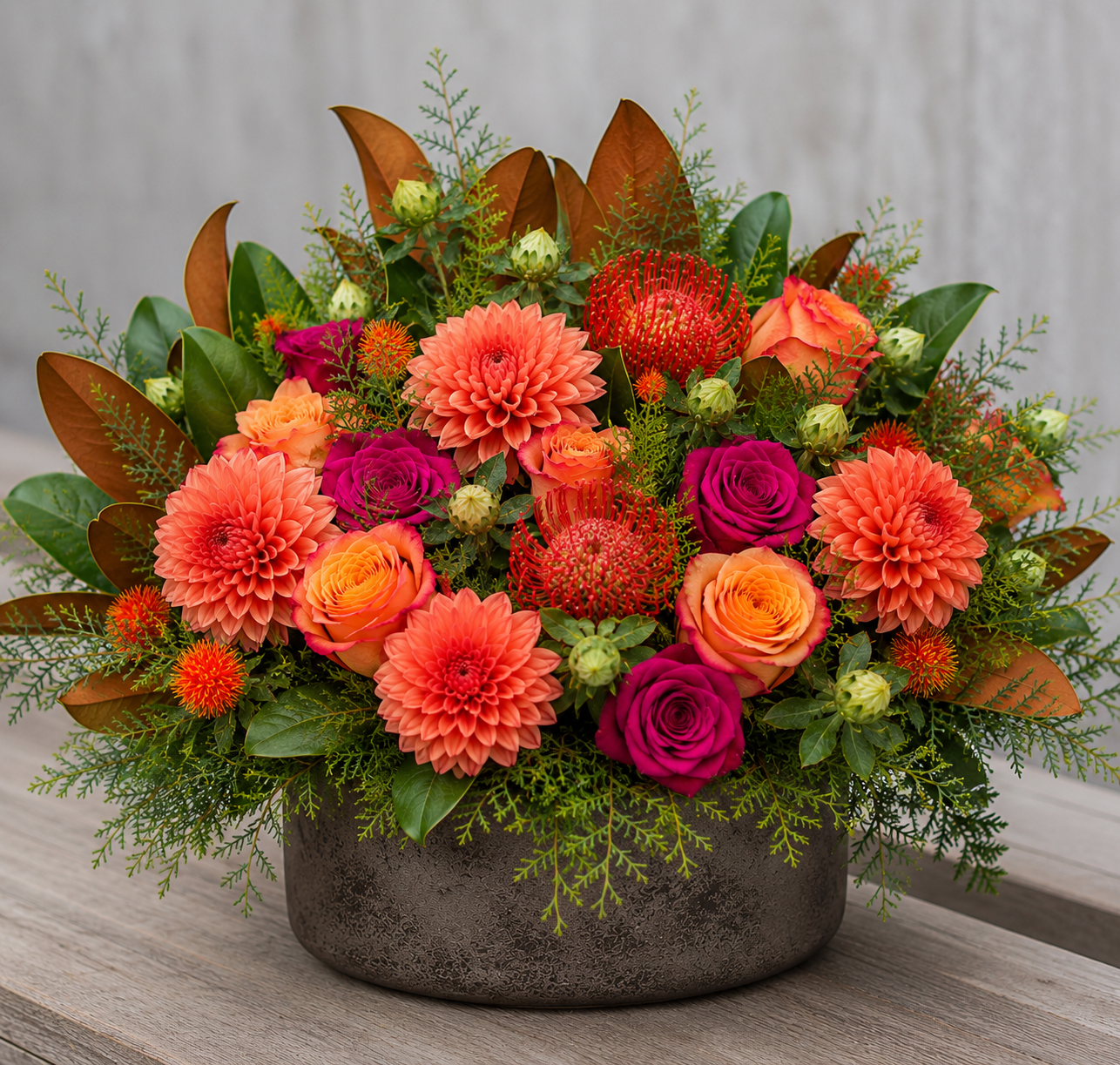 Harvest Cottage fall floral arrangement featuring peach roses, coral dahlias, rich seasonal blooms, magnolia leaves, and textured greenery in a rustic brown ceramic container.