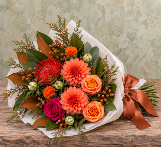 Harvest Cottage fall floral wrapped bouquet with orange roses, coral dahlias, seasonal blooms, magnolia foliage and textured greenery wrapped in parchment paper and tied with a satin ribbon.