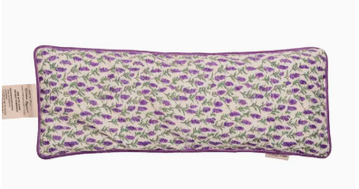 Rectangular fabric pouch with purple and green pattern on a white background