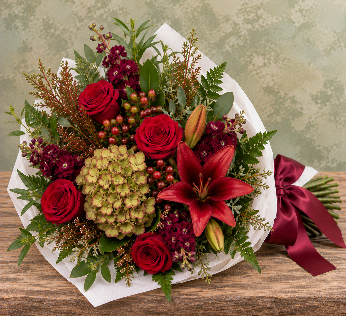 October Meadow Wrapped Bouquet with deep red roses and lilies, antique green hydrangea, burgundy stock, hypericum berries and seasonal greenery, wrapped in white parchment with a burgundy satin ribbon