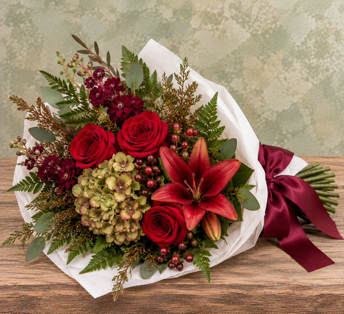 October Meadow Wrapped Bouquet with deep red roses and lilies, antique green hydrangea, burgundy stock, hypericum berries and seasonal greenery, wrapped in white parchment with a burgundy satin ribbon