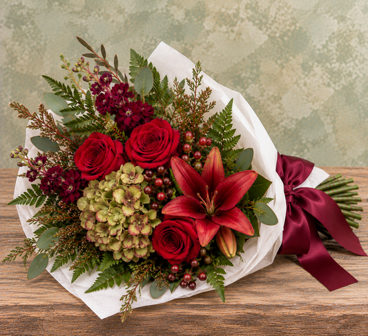 October Meadow Wrapped Bouquet with deep red roses and lilies, antique green hydrangea, burgundy stock, hypericum berries and seasonal greenery, wrapped in white parchment with a burgundy satin ribbon