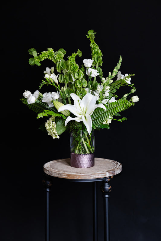 White flower sincere sympathy vase arrangement