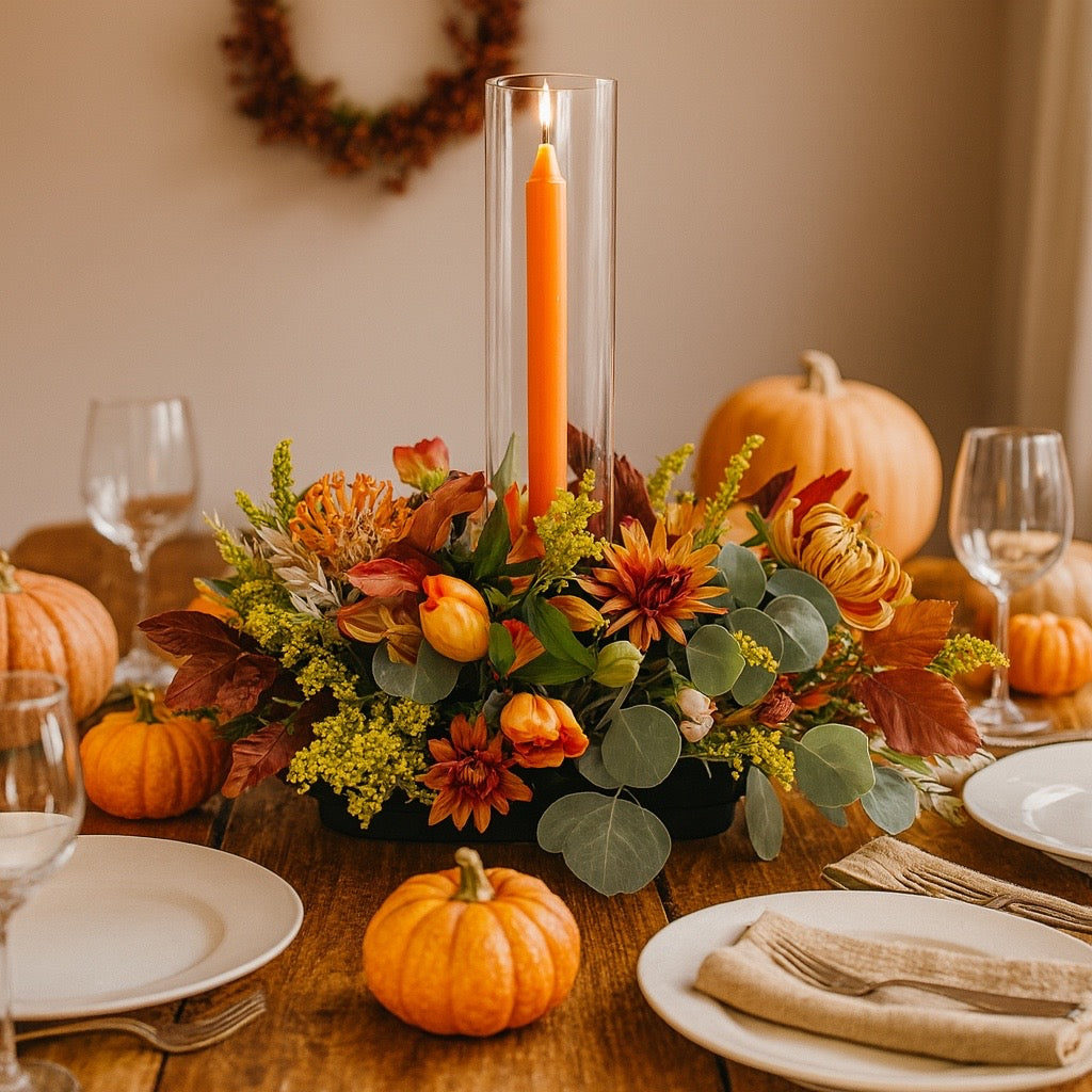Autumn-themed table setting with pumpkins, flowers, and a candle.