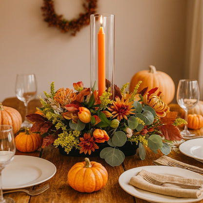Autumn-themed table setting with pumpkins, flowers, and a candle.
