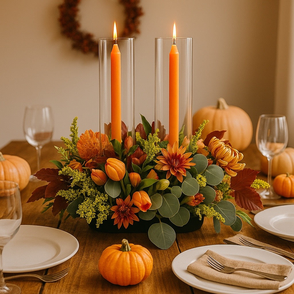 Thanksgiving table setting with floral centerpiece, candles, and pumpkins.